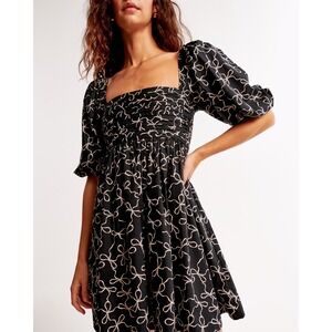 Abercrombie&Fitch Emerson Puff Sleeve Mini Dress Black Bow Print Size Large Tall